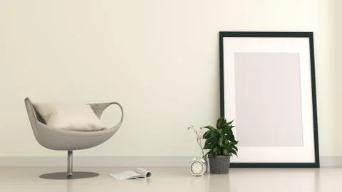 Room interior has a sofa and fame on empty white wall background,3D rendering Stock Illustration