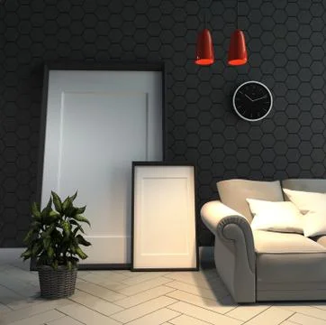 Room interior with hexagon wall. 3D rendering Stock Illustration