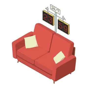 Room interior icon isometric vector. Soft red sofa and large decorative clock Stock Illustration