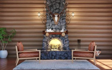 Room interior in log cabin building with stone fireplace and leather armchairs Stock Illustration
