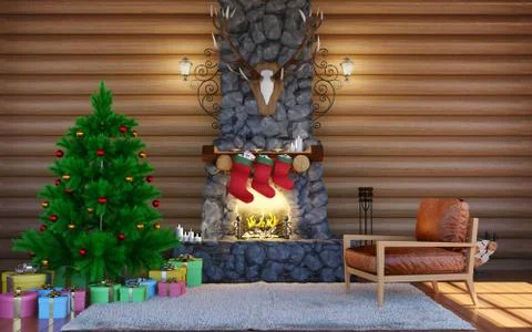 Room interior in log cabin with stone fireplace. Christmas living room interior Stock Illustration