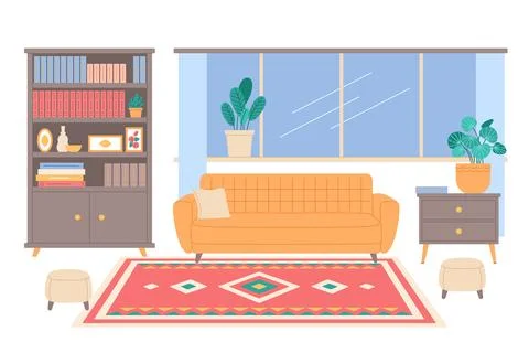 Room interior with mat. Wool carpet on hall floor, cozy home design, textile Stock Illustration