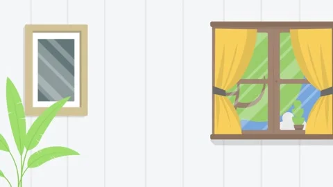 Room interior with plant, framed art and window with yellow curtains Stock Footage 340471656