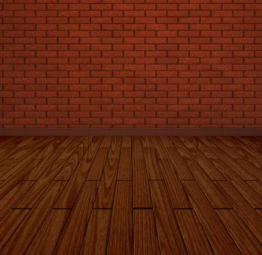 Room interior with red brick wall and wood floor 3d rendering background. Photo Stock Illustration
