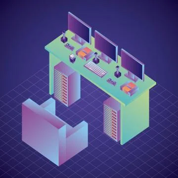 Room interior virtual reality sofa tagle computers joysticks and game consoles Stock Illustration