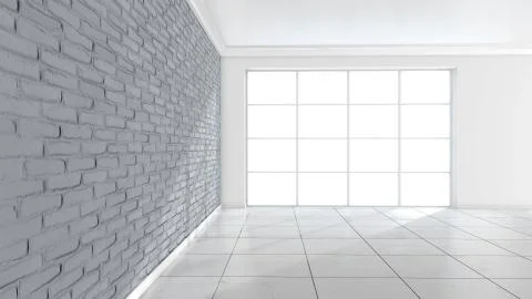 Room interior with white brick wall and marble floor background. 3d illustration イラスト素材