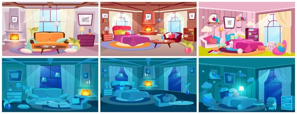 Room interiors flat vector illustrations set Stock Illustration