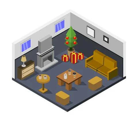 Room with isometric christmas tree in vector on white background Stock Illustration