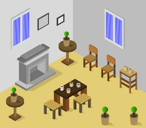 Room with isometric fireplace in vector on white background Stock Illustration