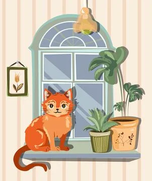 A room with a large window and a cat on a windowsill with potted plants on it Stock Illustration