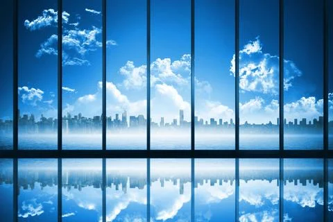 Room with large window looking on city skyline 스톡 일러스트