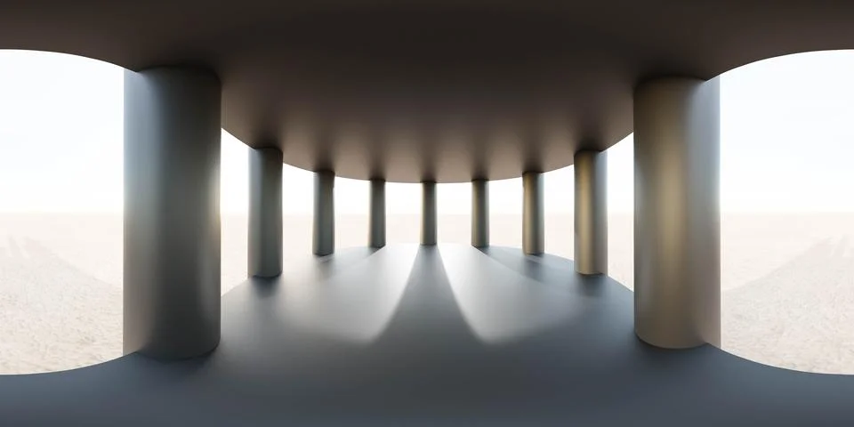 A Room With Multiple Columns and view of a plane landscape and sky 360 panorama 库存插图