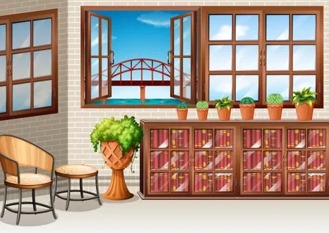 Room with ocean view from window Illustration