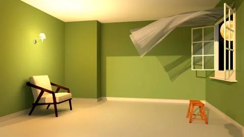 A room with an open window and a fluttering curtain. 3d rendering Illustrazione stock