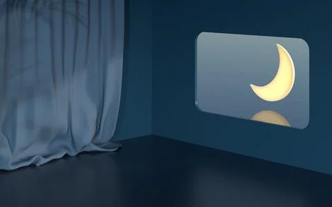 The room with an open window. The moon is outside. 3d rendering. Illustrazione stock
