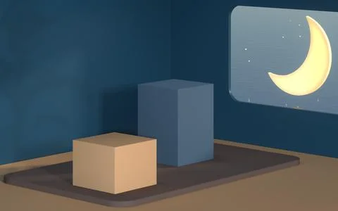 The room with an open window. The moon is outside. 3d rendering. Illustrazione stock