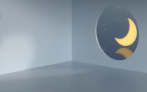 The room with an open window. The moon is outside. 3d rendering. Illustrazione stock