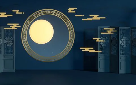 The room with an open window. The moon is outside. 3d rendering. Stock Illustration