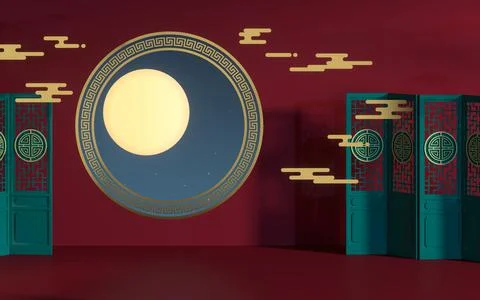 The room with an open window. The moon is outside. 3d rendering. Illustrazione stock