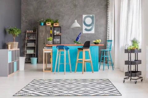 Room with painted blue table Stock-Fotos