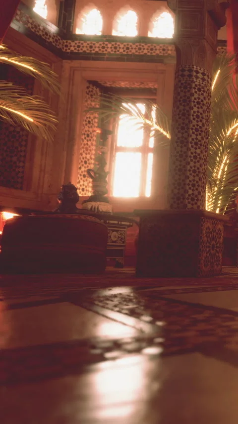 In a room with patterned walls and light coming through windows Stock Footage 340889072