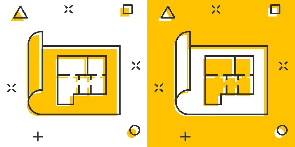Room plan icon in comic style. Blueprint cartoon vector illustration on white Stock Illustration