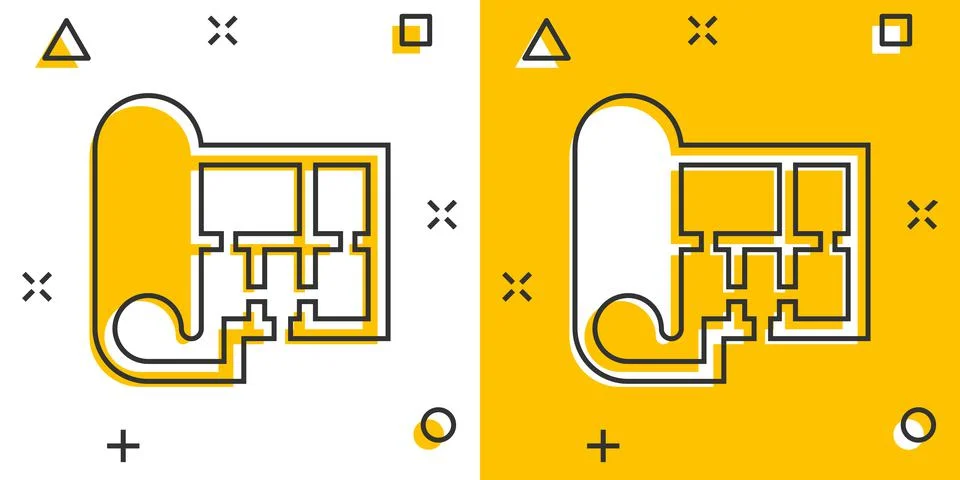Room plan icon in comic style. Blueprint cartoon vector illustration on white Stock Illustration