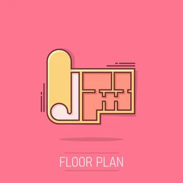 Room plan icon in comic style. Blueprint cartoon vector illustration on iso.. Stock Illustration