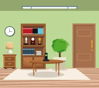 Room pot tree bookcase clock lamp table telephone door carpet Stock Illustration