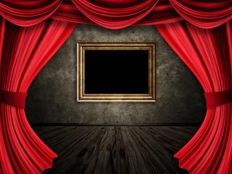 Room with red curtains and frame Illustrazione stock
