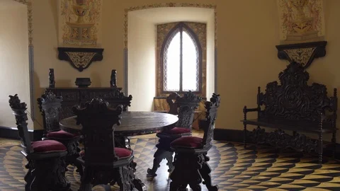 Room with Renaissance elements inside medieval Bojnice Castle in Slovakia, Stock Footage 124368659
