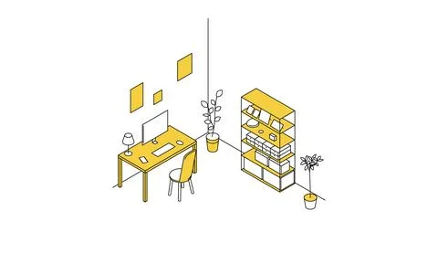 Room for rent: simple isometric of study, work desk and bookshelf Stock Illustration