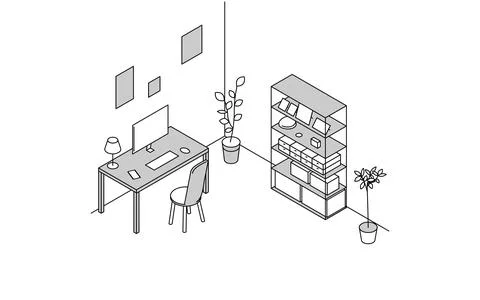 Room for rent: simple isometric of study, work desk and bookshelf Stock Illustration