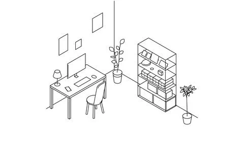 Room for rent: simple isometric of study, work desk and bookshelf Stock Illustration