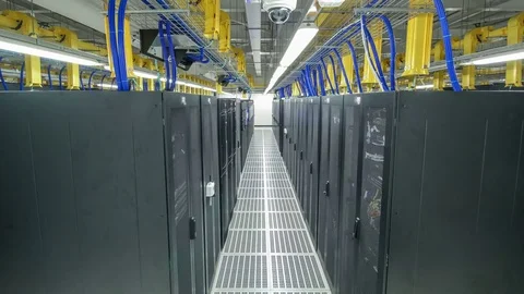 Room with rows of server hardware in data center timelapse hyperlapse Stock Footage 85089395