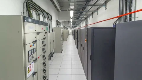 Room with rows of server hardware in data center timelapse hyperlapse Stock Footage 85089558