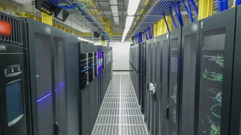 Room with rows of server hardware in data center timelapse hyperlapse Stock Footage 173414353