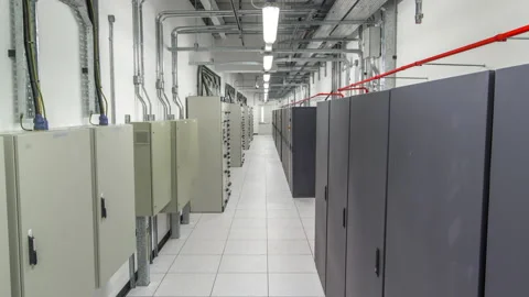 Room with rows of server hardware in data center timelapse hyperlapse Stock Footage 173417085