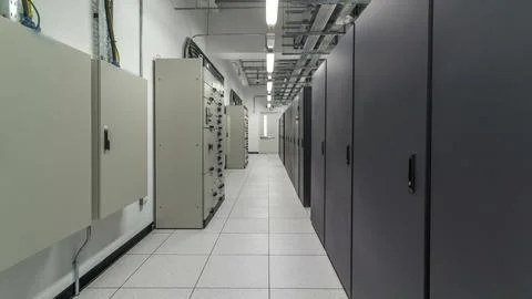 Room with rows of server hardware in data center timelapse hyperlapse 写真素材