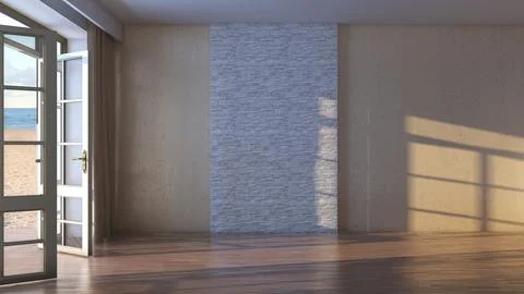 Room with Sea View. Empty Hotel Interior with Open Doors Overlooking the Beac Stock Illustration