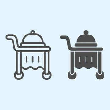 Room service line and solid icon. Dining tray cart on wheels with dish. Horeca Stock Illustration