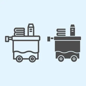 Room service line and solid icon. Servant inventory, cleaning tray cart. Horeca Stock Illustration