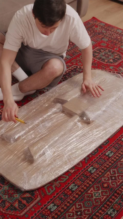Room setup with red carpet and flat pack wooden table parts Video stock 346396553