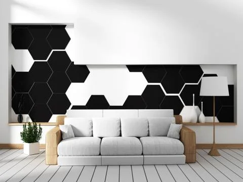 Room with sofa and black hexagonal tile wall. 3D rendering Stock Illustration