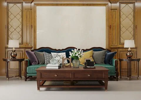 Room with sofa and table, 3d render Stock Illustration