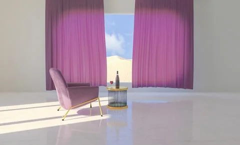 Room with sofa and table, bottle of wine and window with desert landscape Stock Photos