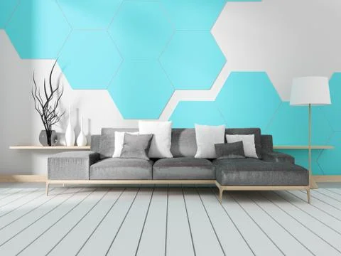 Room with sofa and white hexagonal tile wall. 3D renderin Stock Illustration