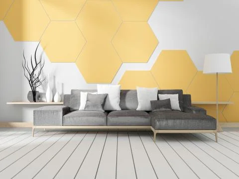 Room with sofa and white hexagonal tile wall. 3D rendering Stock Illustration