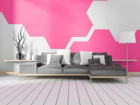 Room with sofa and white hexagonal tile wall. 3D rendering Stock Illustration