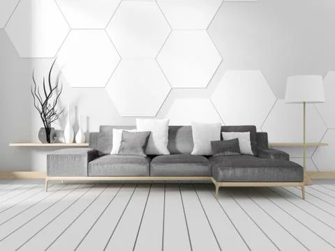 Room with sofa and white hexagonal tile wall. 3D rendering Stock Illustration